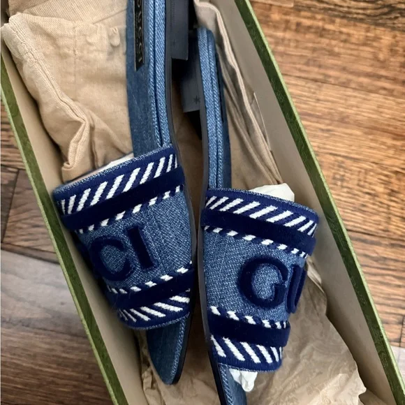 Gucci Denim Blue Embroidered Slide Sandals - Picture 2 of 5